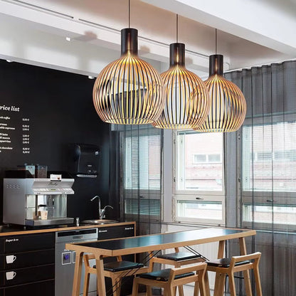 Cage Pendant Light E27 Adjustable Height for Kitchen Island Dining Table Open Frame Wood Metal Fixture Modern Scandinavian Farmhouse Rustic