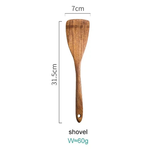 Natural Wood Kitchen Utensil Set 8-Piece with Display Stand for Cooking and Serving Non-Stick Cookware Safe Tools
