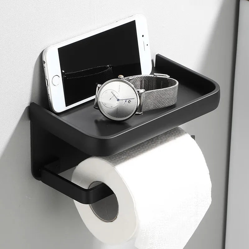 Wall-Mount Bathroom Tissue Holder with Top Shelf for Phone Storage Black Aluminum 7.2 Inch Powder Room Organizer Compact Space-Saving Access