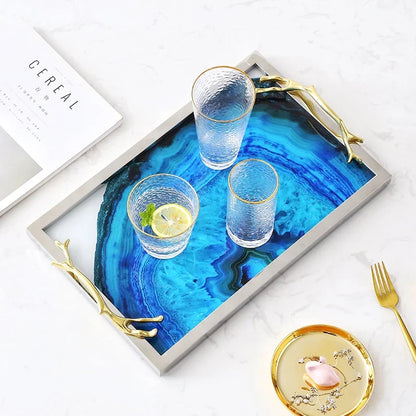 Glass Decorative Tray with Agate Design – 16-Inch Round & Rectangular Platter for Dining Room, Coffee Table, Vanity Display