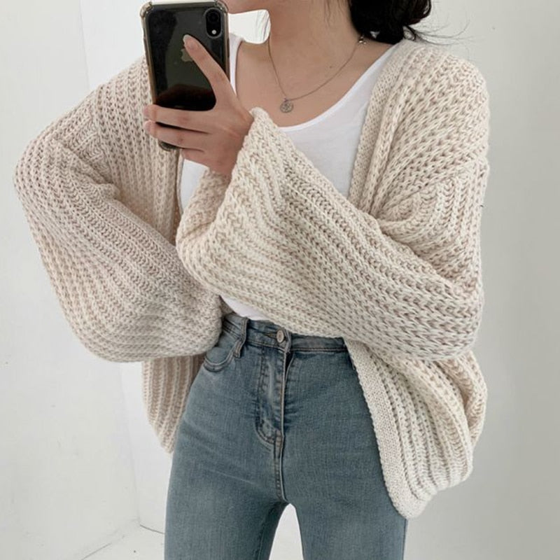 Chunky Knit Open Front Cardigan Sweater for Women – Oversized Cable Knit Duster with Balloon Sleeves – Fall Layering Cardigan