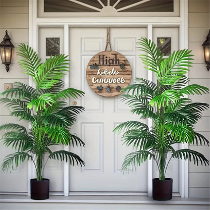 Faux Tropical Palm Plant 35-Inch Tall Duo Indoor Outdoor Green Foliage Living Room Entryway Corner Décor No-Water Maintenance-Free Greenery