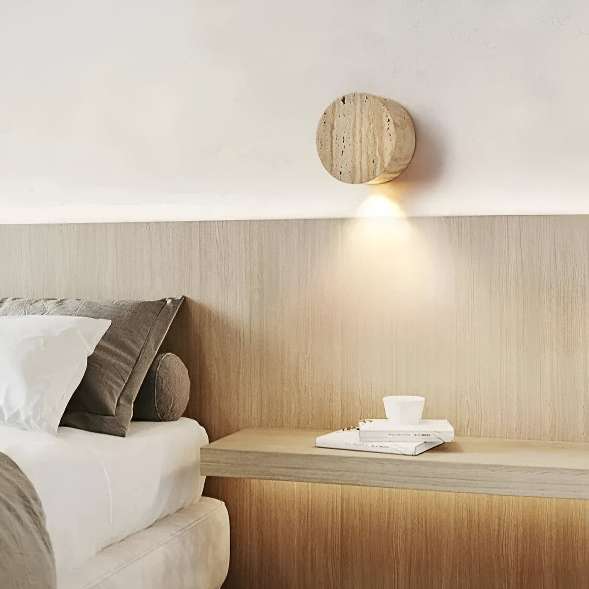 Travertine Stone Wall Sconce Round Frosted Glass Up Down Light Fixture 4 Inch Natural Stone Ambient Lighting Bedroom Hallway Entryway Bathro