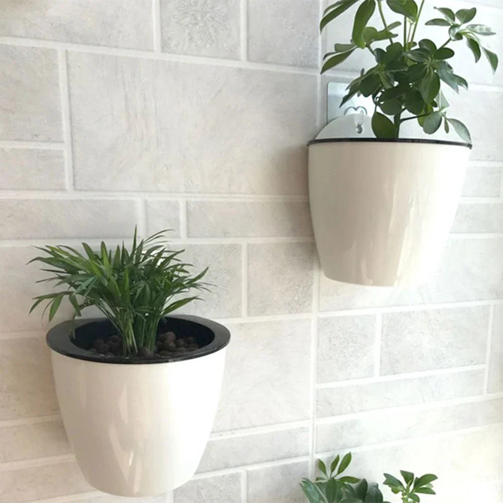 Wall-Mount Self-Watering Planter 7 in Diameter White Plastic Vertical Herb Pot Indoor Outdoor Hydroponic Succulent Holder Removable Basket f
