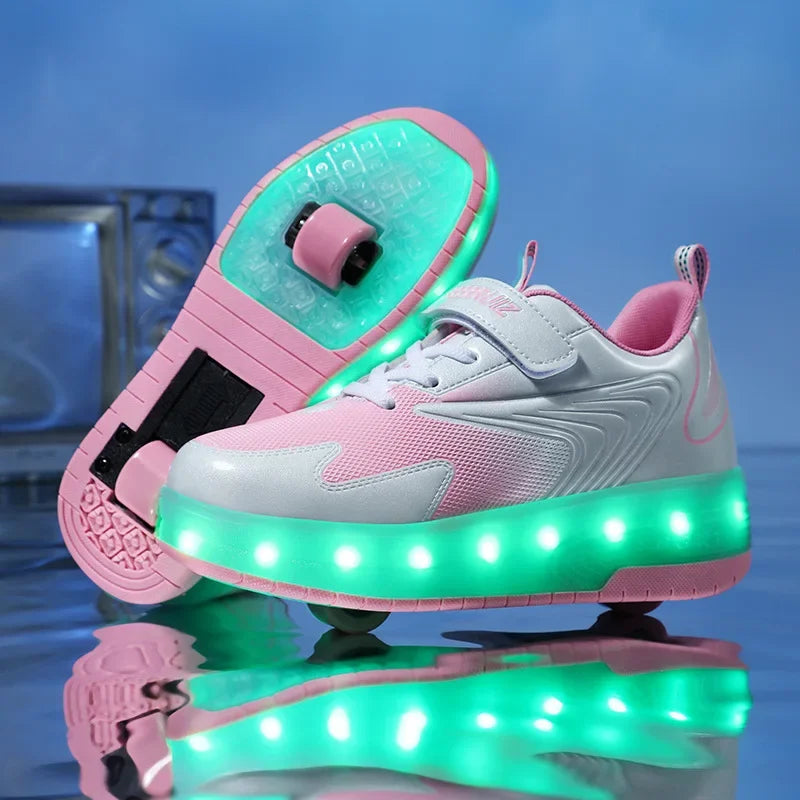 Kids Light-Up Skate Sneakers with Wheels Pink LED Roller Shoes Velcro Strap Boys Girls Youth Rechargeable Glowing Athletic Footwear