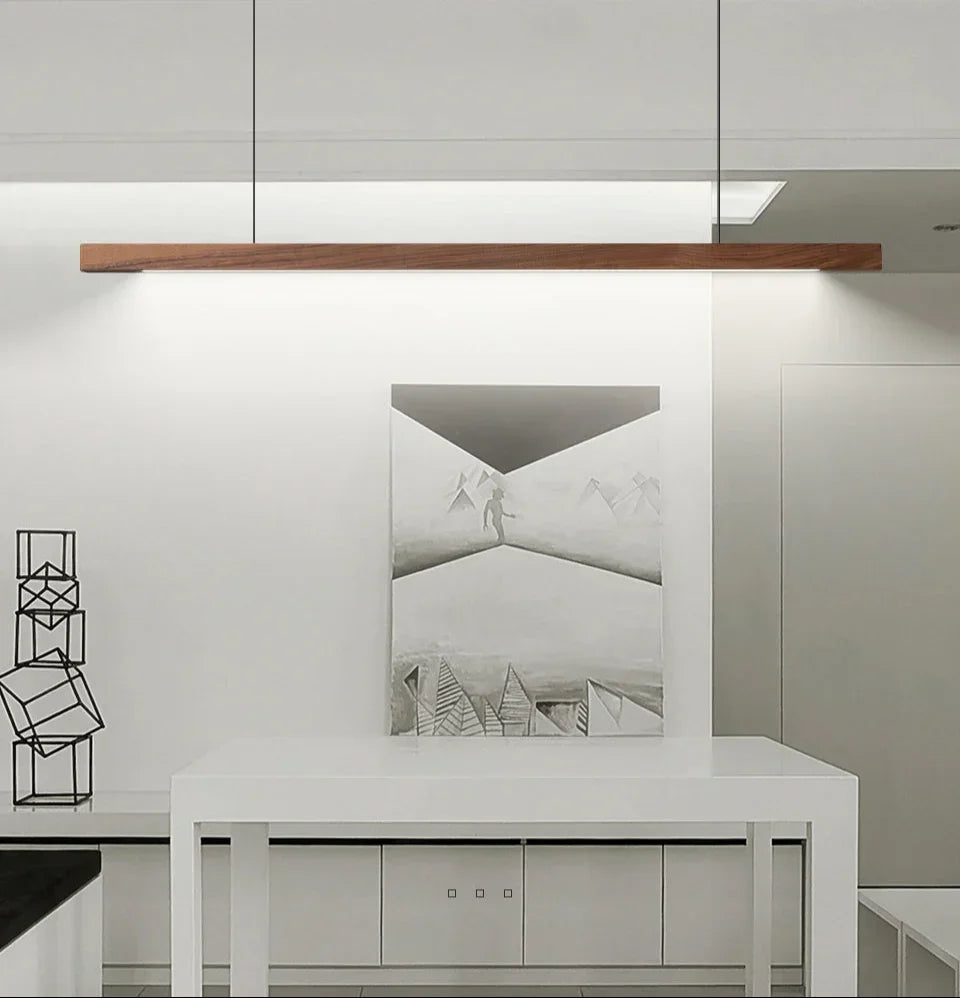 Linear Wood Hanging Light for Kitchen Island & Dining Table – Adjustable LED Ceiling Fixture in Pine or Walnut, 31-71 in Wide, Dimmable Opti