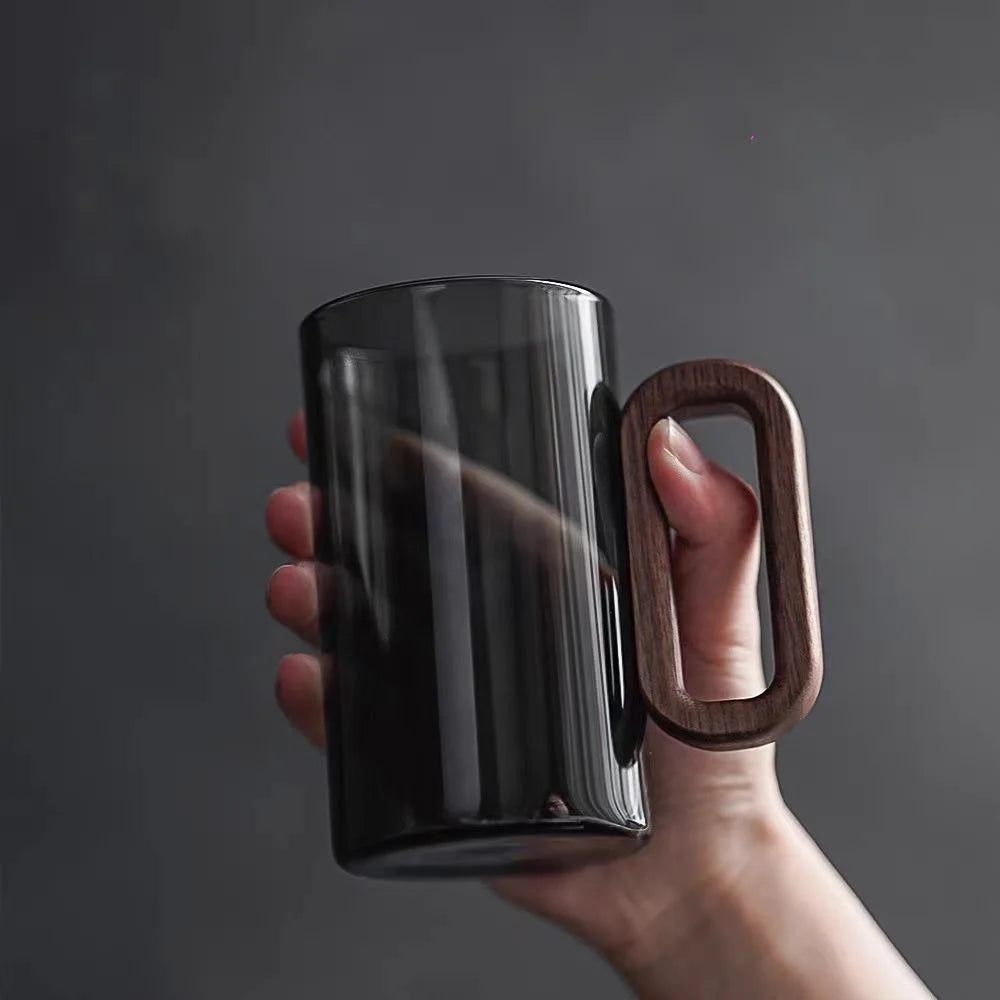 Clear Glass Coffee Mug with Wood Handle Heat-Safe 4 Inch Beverage Cup for Hot Tea Cold Juice Kitchen Office Drinkware Minimalist Cupware
