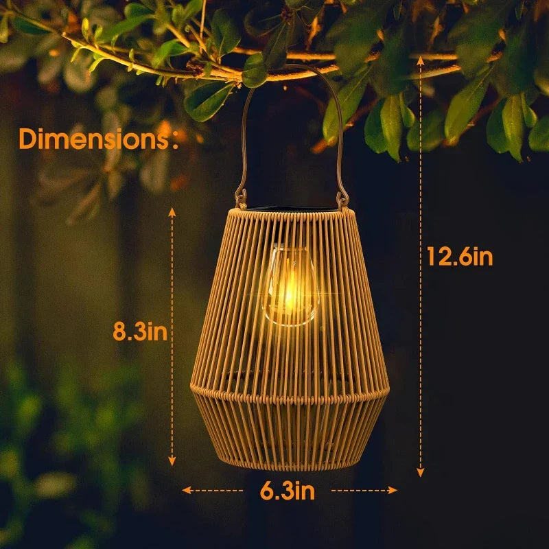 Solar Hanging Lantern Woven Wicker Style 8in Weatherproof LED Light for Patio Garden Balcony Porch Outdoor Spaces Cordless Automatic Dusk Da