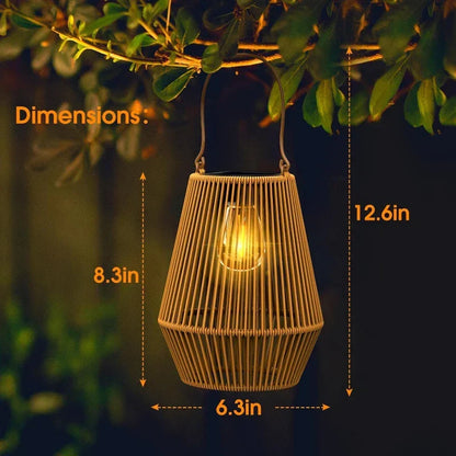 Solar Hanging Lantern Woven Wicker Style 8in Weatherproof LED Light for Patio Garden Balcony Porch Outdoor Spaces Cordless Automatic Dusk Da