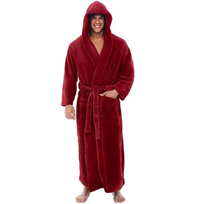 Bath Robe for Men, Mens Bathrobe with Hood, Thick Plush Hooded Robe, Long Soft Dressing Gown for Winter
