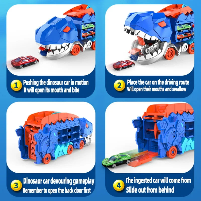 Transforming Dinosaur Race Track Playset with Storage for Mini Cars – 2-in-1 Dino Racetrack Toy for Kids Ages 3+