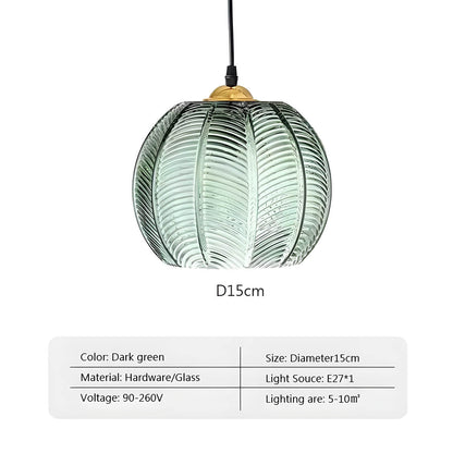 Fluted Globe Hanging Fixture Green Textured Glass Shade 10-Inch E27 Socket Dining Kitchen Island Overhead Lighting for Modern Retro Interior