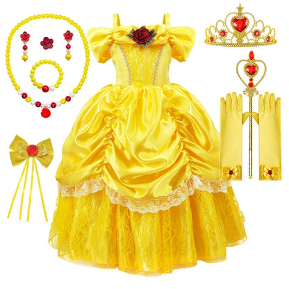 Girls Princess Gown Costume with Tiara and Gloves – Complete Belle-Inspired Dress-Up Set for Birthday Parties, Halloween, Cosplay & Special