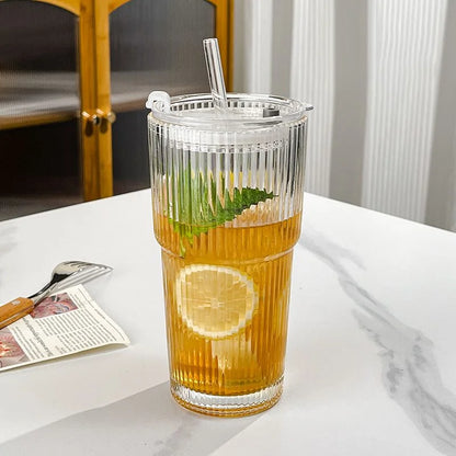 Insulated Glass Tumbler with Straw & Lid - Heat-Resistant Borosilicate Cup for Hot & Cold Drinks - Portable Coffee Mug for Commute, Office,