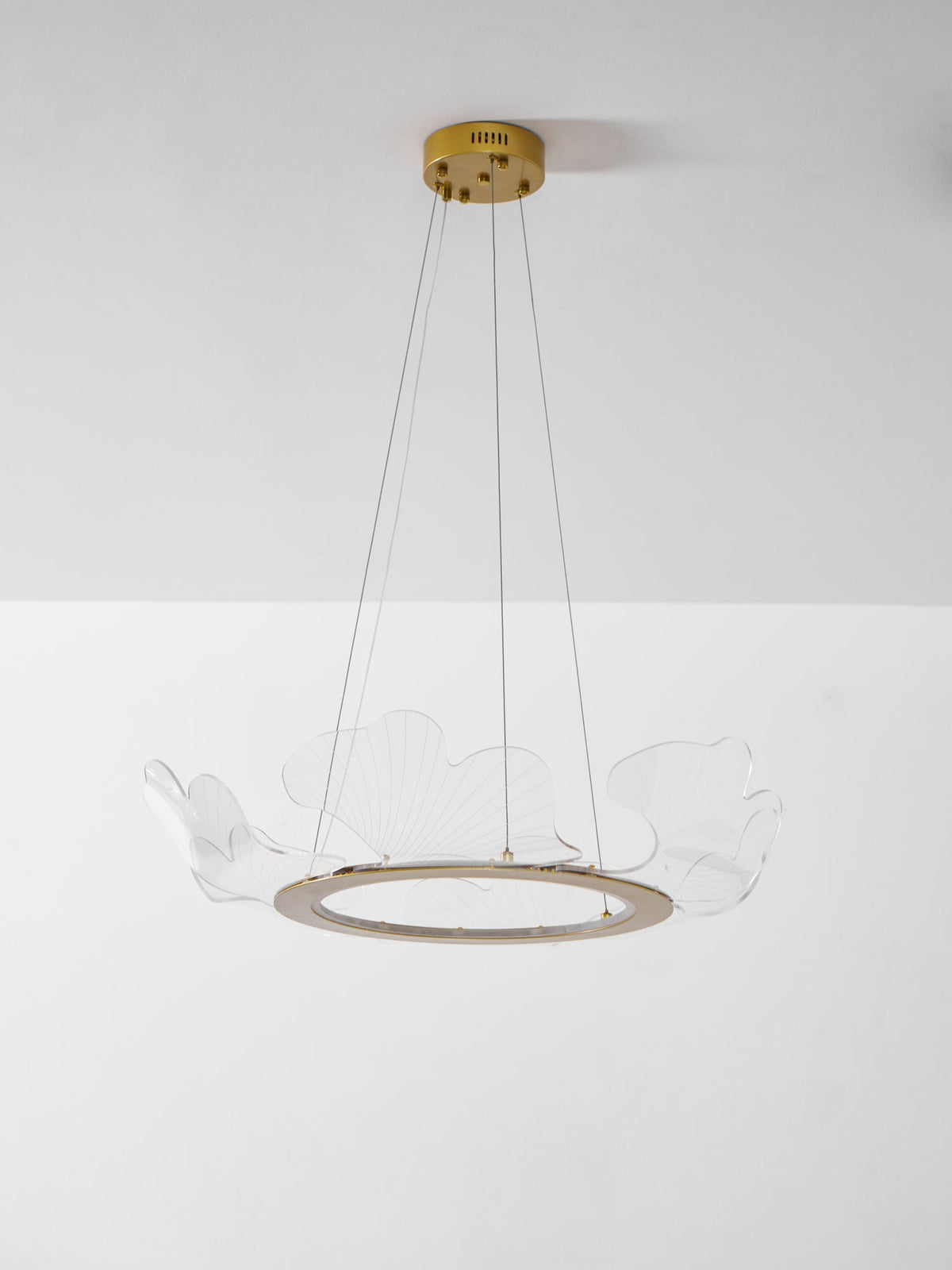 Round Pendant Light with Acrylic Leaf Diffuser 27 in Gold Adjustable Height LED for Kitchen Dining Room Office Bedroom Modern Flush Mount Fi