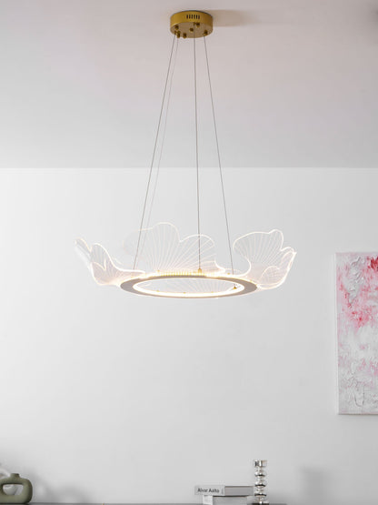 Round Pendant Light with Acrylic Leaf Diffuser 27 in Gold Adjustable Height LED for Kitchen Dining Room Office Bedroom Modern Flush Mount Fi