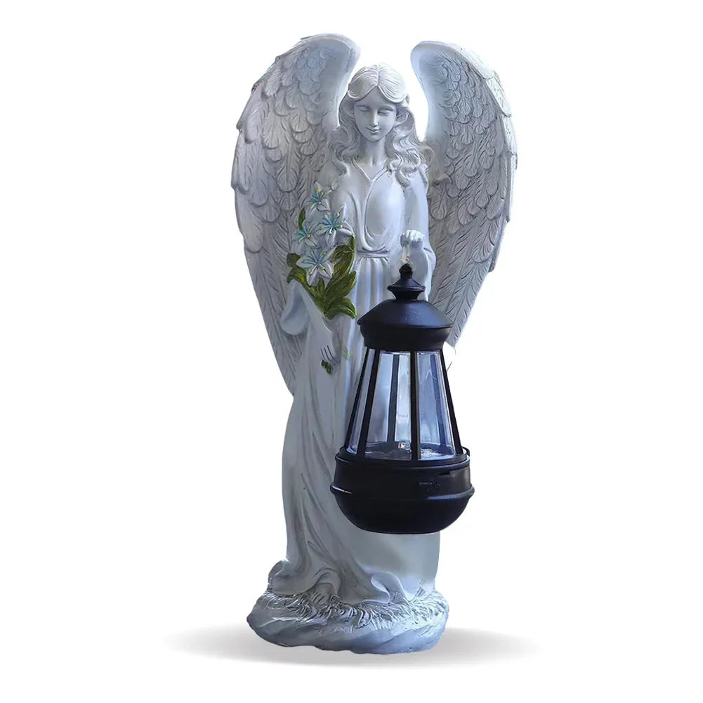 Solar Angel Figurine LED Light White Resin 12 Inch Waterproof Memorial Accent for Patio Pathway Yard Cordless Dusk to Dawn Automatic