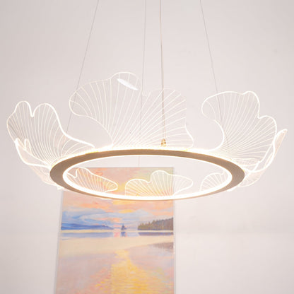 Round Pendant Light with Acrylic Leaf Diffuser 27 in Gold Adjustable Height LED for Kitchen Dining Room Office Bedroom Modern Flush Mount Fi