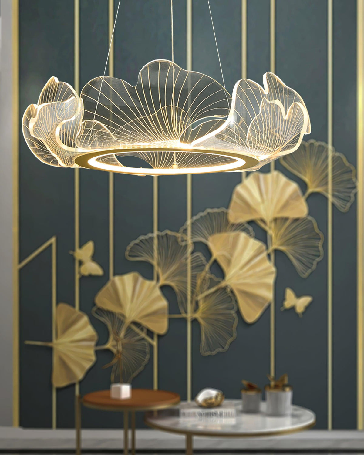 Round Pendant Light with Acrylic Leaf Diffuser 27 in Gold Adjustable Height LED for Kitchen Dining Room Office Bedroom Modern Flush Mount Fi