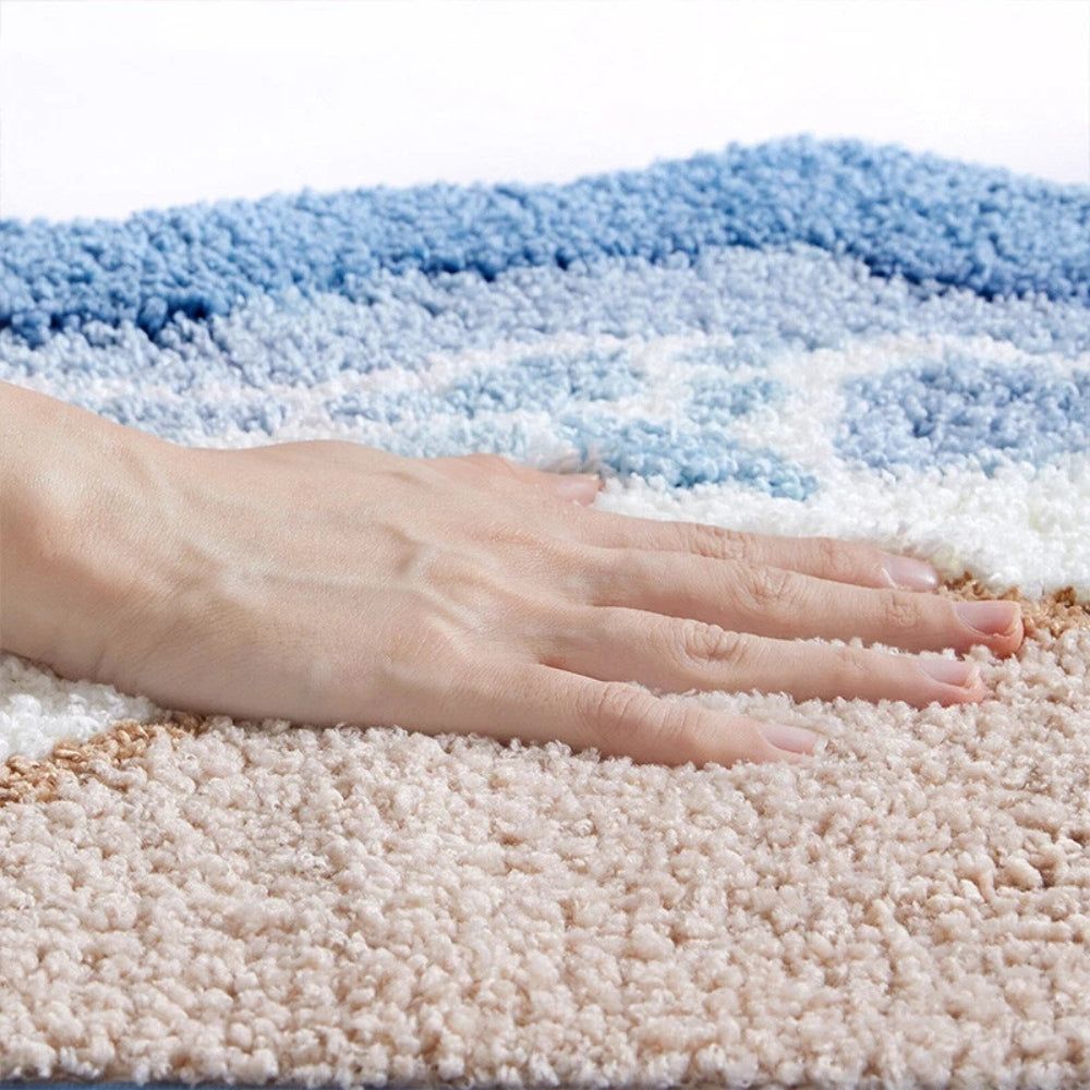 Microfiber Bathroom Rug with Non-Slip Backing – Quick-Dry Floor Mat for Shower, Tub & Sink – Soft Absorbent Surface in Blue & Beige