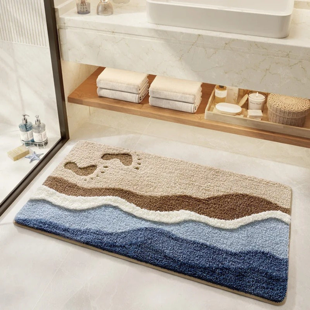 Microfiber Bathroom Rug with Non-Slip Backing – Quick-Dry Floor Mat for Shower, Tub & Sink – Soft Absorbent Surface in Blue & Beige