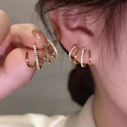 Multi-Hoop Ear Crawler Studs with Cubic Zirconia – Four-Band Layered Earrings for Women – Elegant Stacked Hoop Look Without Extra Piercings