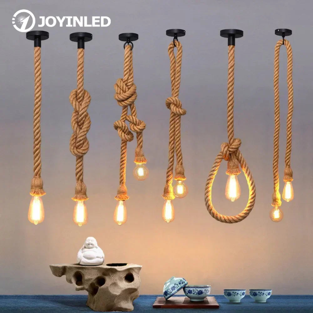 Rope Ceiling Light E27 Edison Fixture Industrial Style for Dining Room Kitchen Island Single Double Head Adjustable Drop