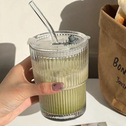 Insulated Glass Tumbler with Straw & Lid - Heat-Resistant Borosilicate Cup for Hot & Cold Drinks - Portable Coffee Mug for Commute, Office,