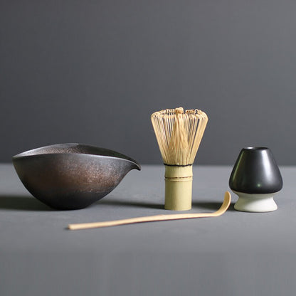Ceremonial Matcha Tea Preparation Kit — Bamboo Whisk, Ceramic Bowl, Scoop & Holder — 4-Piece Japanese Tea Set for Home Brewing