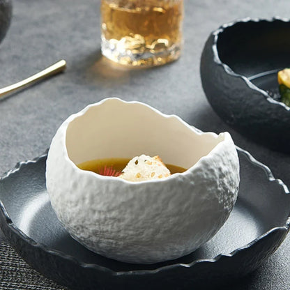 Porcelain Serving Bowl 8 Inch Round Dish for Salads Soups Desserts Appetizers Snacks Kitchen Dinnerware White Black