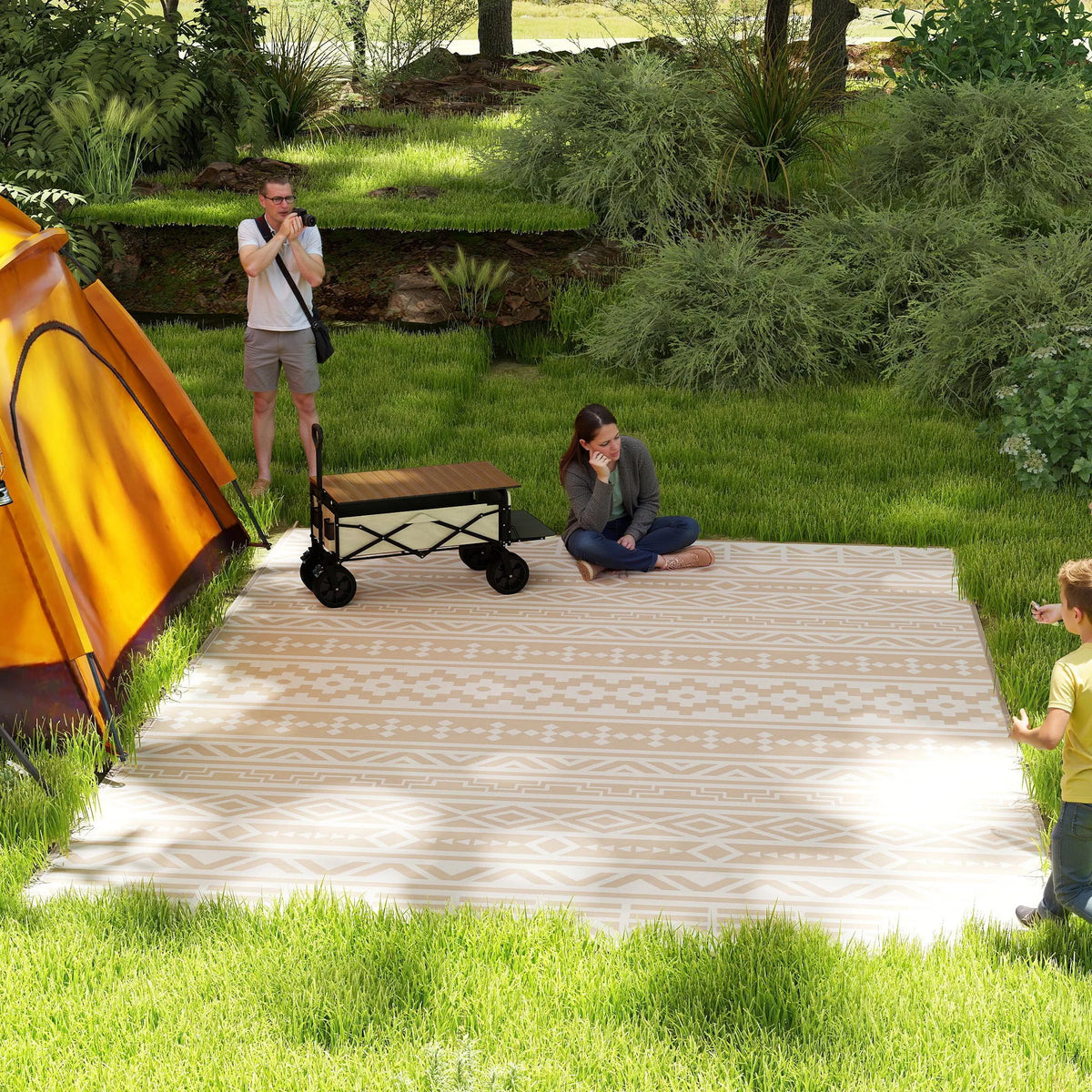 Reversible Outdoor Floor Mat 12 × 9 Feet Khaki Beige Polypropylene All-Weather Rug for Patio Garden Camping Beach Picnic Large Family Seatin