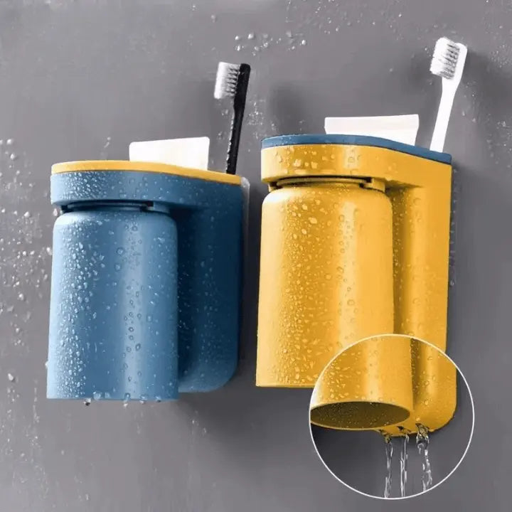 Wall-Mount Toothbrush Caddy Adhesive Bathroom Organizer 4.9 in Drill-Free Toothpaste Cup Holder for Sink Counter Space Saving