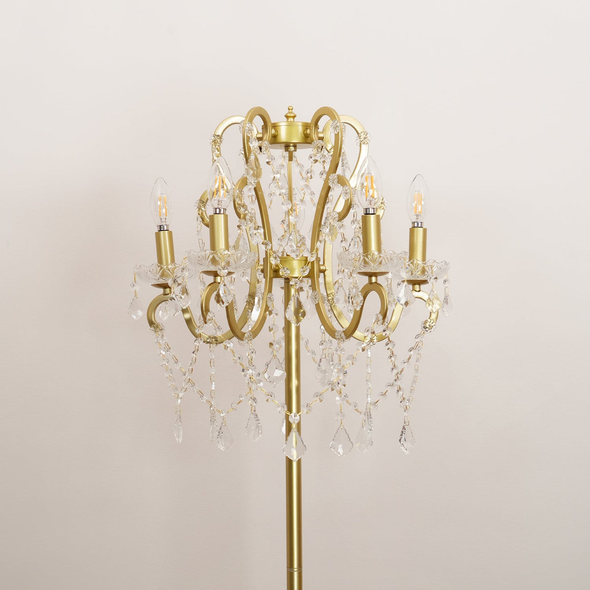 Crystal Accent Floor Lamp with Iron Frame | Vintage White & Gold Standing Light for Bedroom Living Room | Dimmable E14 Compact 21-Inch Heigh