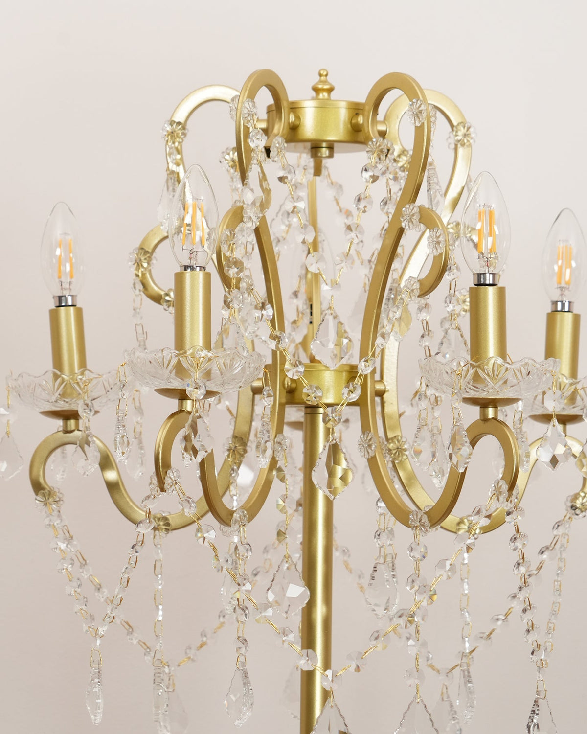 Crystal Accent Floor Lamp with Iron Frame | Vintage White & Gold Standing Light for Bedroom Living Room | Dimmable E14 Compact 21-Inch Heigh