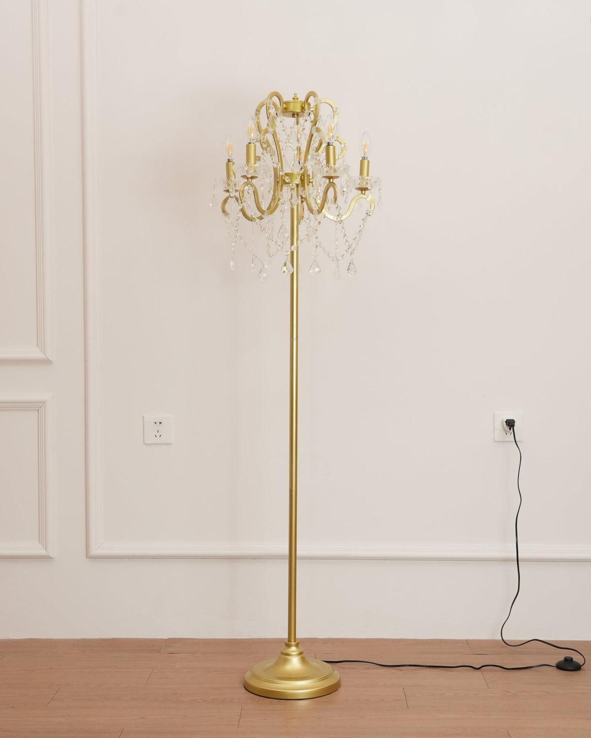 Crystal Accent Floor Lamp with Iron Frame | Vintage White & Gold Standing Light for Bedroom Living Room | Dimmable E14 Compact 21-Inch Heigh