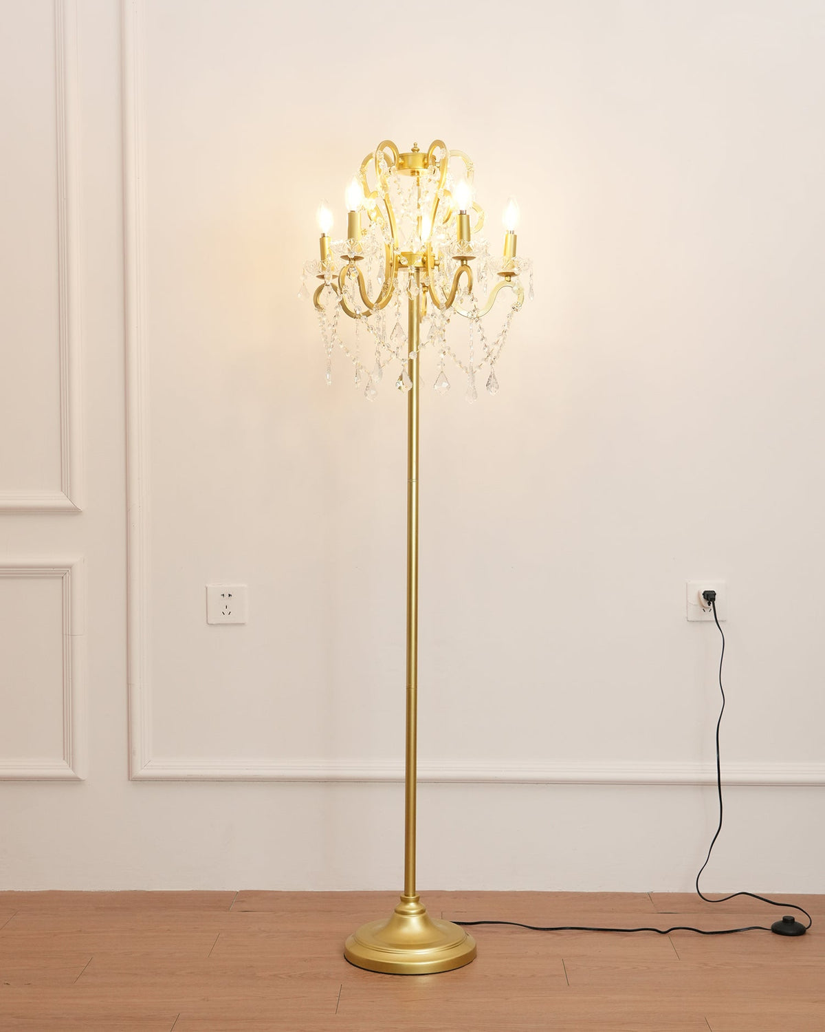 Crystal Accent Floor Lamp with Iron Frame | Vintage White & Gold Standing Light for Bedroom Living Room | Dimmable E14 Compact 21-Inch Heigh