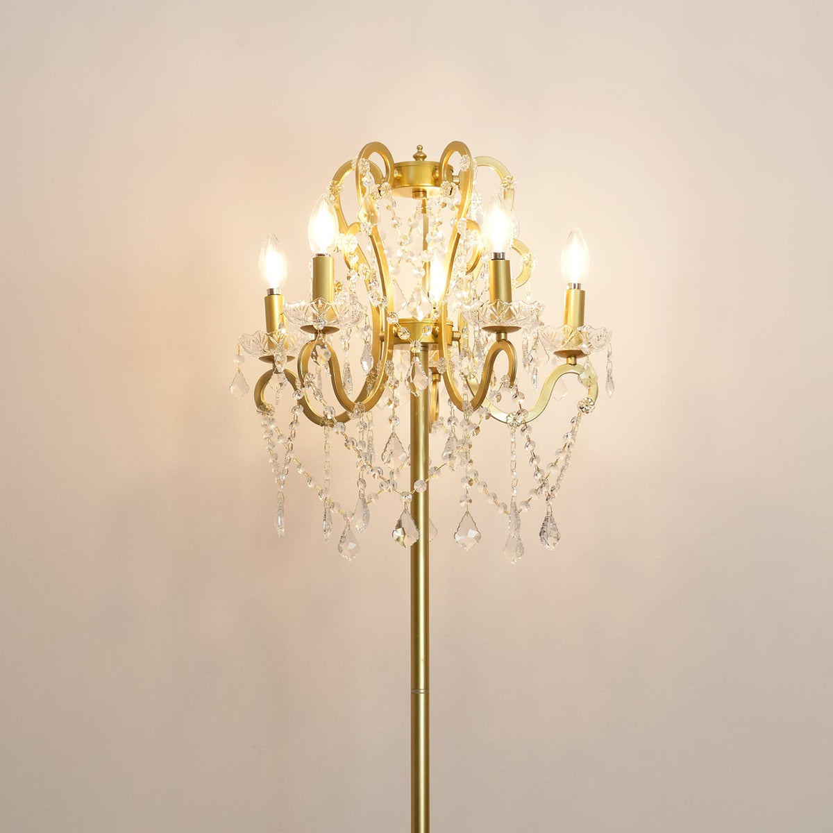 Crystal Accent Floor Lamp with Iron Frame | Vintage White & Gold Standing Light for Bedroom Living Room | Dimmable E14 Compact 21-Inch Heigh