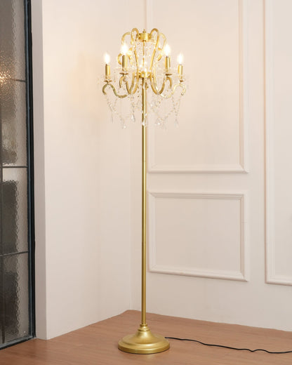 Crystal Accent Floor Lamp with Iron Frame | Vintage White & Gold Standing Light for Bedroom Living Room | Dimmable E14 Compact 21-Inch Heigh