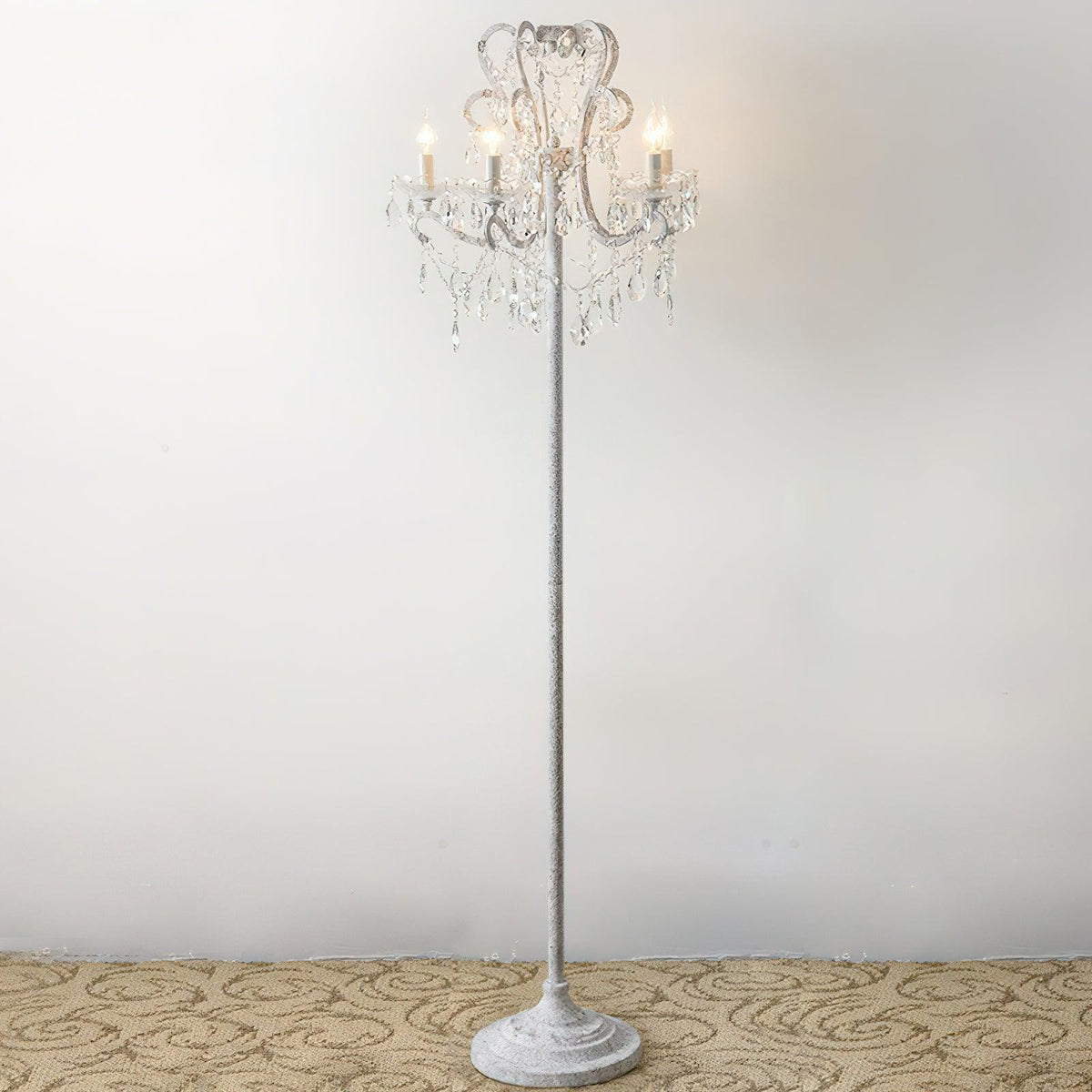 Crystal Accent Floor Lamp with Iron Frame | Vintage White & Gold Standing Light for Bedroom Living Room | Dimmable E14 Compact 21-Inch Heigh