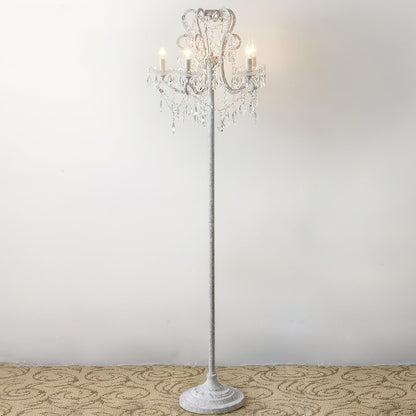 Crystal Accent Floor Lamp with Iron Frame | Vintage White & Gold Standing Light for Bedroom Living Room | Dimmable E14 Compact 21-Inch Heigh