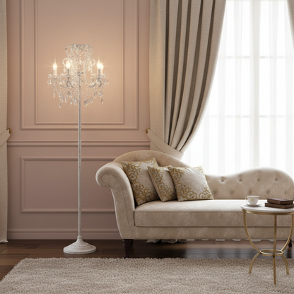 Crystal Accent Floor Lamp with Iron Frame | Vintage White & Gold Standing Light for Bedroom Living Room | Dimmable E14 Compact 21-Inch Heigh