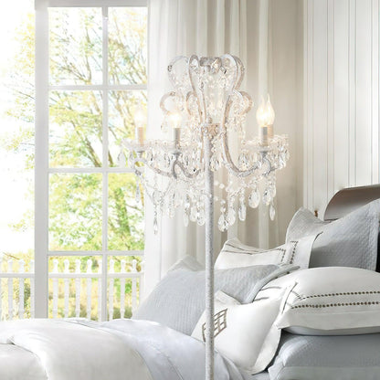 Crystal Accent Floor Lamp with Iron Frame | Vintage White & Gold Standing Light for Bedroom Living Room | Dimmable E14 Compact 21-Inch Heigh