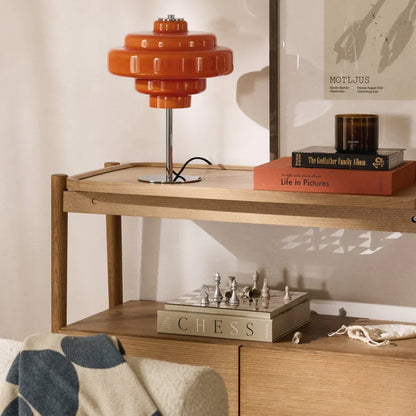 Compact Accent Lamp with Layered Glass Shade 8 in Sculptural Nightstand Light for Bedroom Office Desk Modern Decorative Glow Small Space