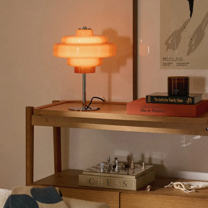 Compact Accent Lamp with Layered Glass Shade 8 in Sculptural Nightstand Light for Bedroom Office Desk Modern Decorative Glow Small Space