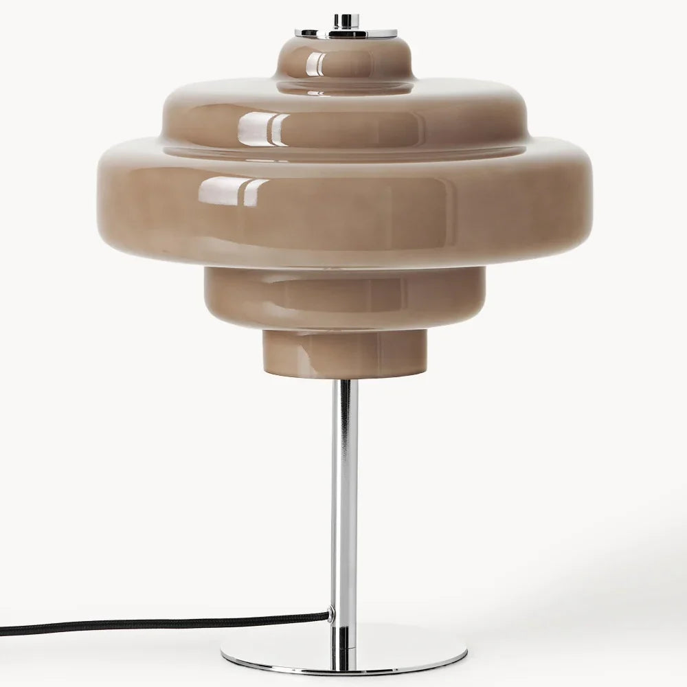 Compact Accent Lamp with Layered Glass Shade 8 in Sculptural Nightstand Light for Bedroom Office Desk Modern Decorative Glow Small Space
