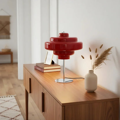 Compact Accent Lamp with Layered Glass Shade 8 in Sculptural Nightstand Light for Bedroom Office Desk Modern Decorative Glow Small Space