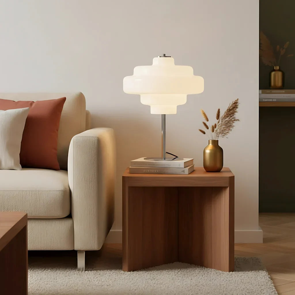Compact Accent Lamp with Layered Glass Shade 8 in Sculptural Nightstand Light for Bedroom Office Desk Modern Decorative Glow Small Space