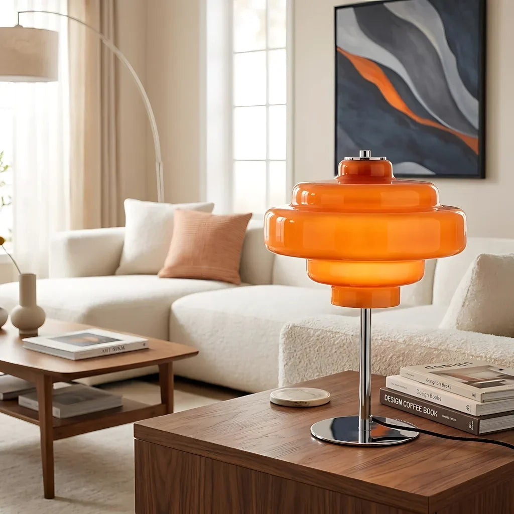 Compact Accent Lamp with Layered Glass Shade 8 in Sculptural Nightstand Light for Bedroom Office Desk Modern Decorative Glow Small Space