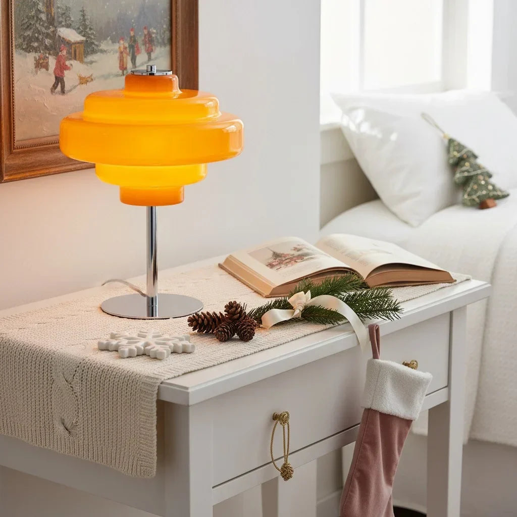 Compact Accent Lamp with Layered Glass Shade 8 in Sculptural Nightstand Light for Bedroom Office Desk Modern Decorative Glow Small Space