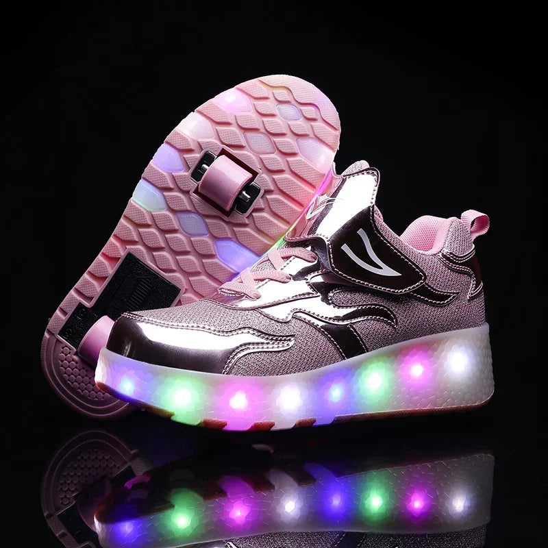 Kids Light-Up Skate Sneakers with Wheels Pink LED Roller Shoes Velcro Strap Boys Girls Youth Rechargeable Glowing Athletic Footwear
